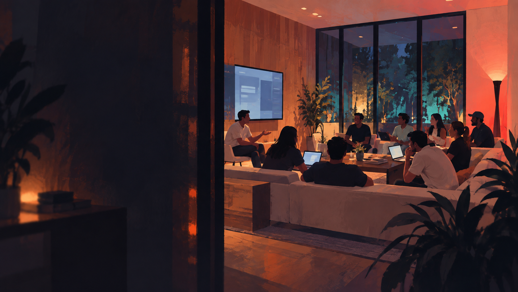 A group gathered on couches around a coffee table with laptops while someone presents at a wall-mounted screen, warm ambient lighting and windows onto night trees