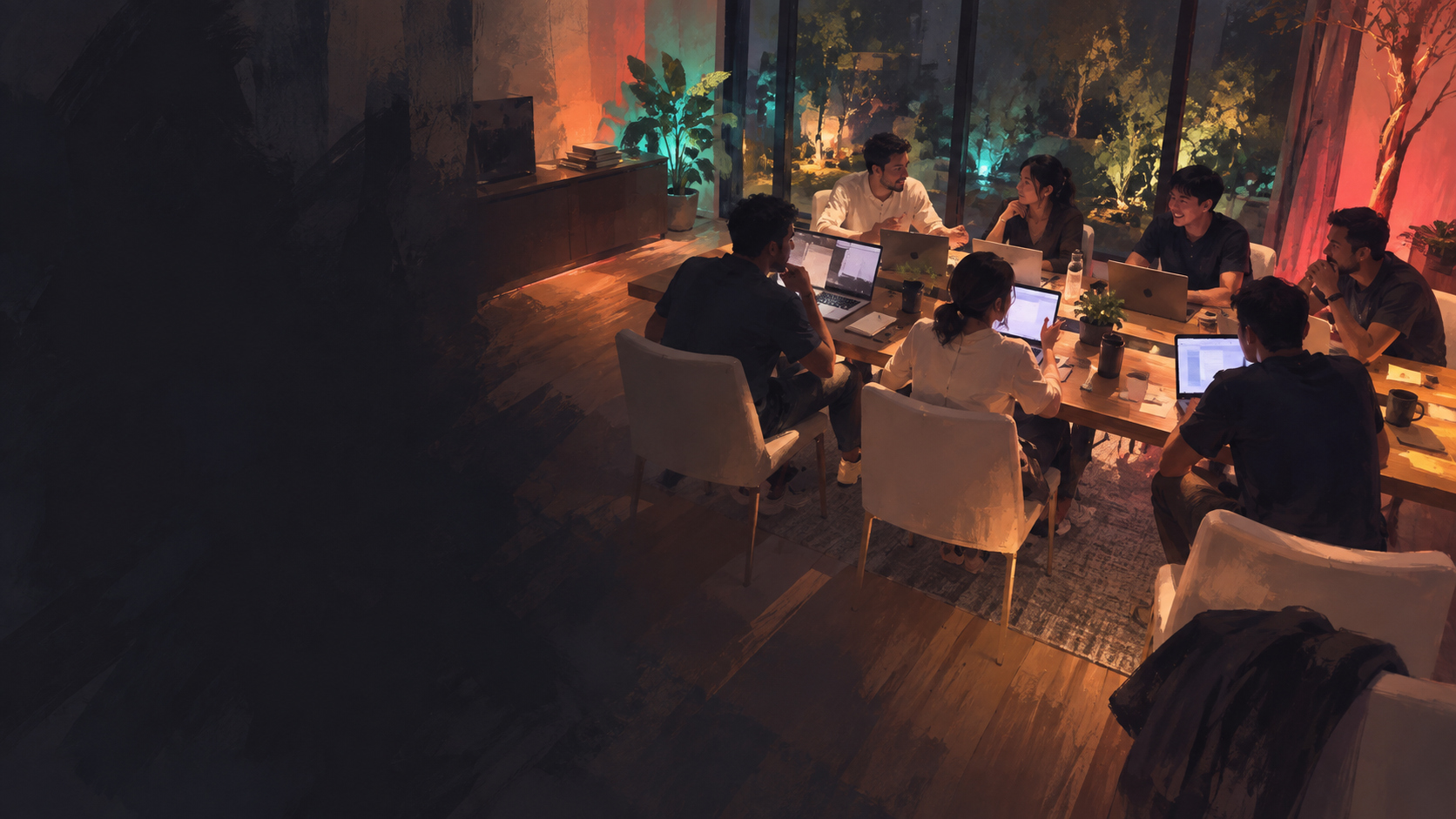 Members working side by side at a long wooden table full of laptops, lit by warm evening light with floor-to-ceiling windows onto night foliage