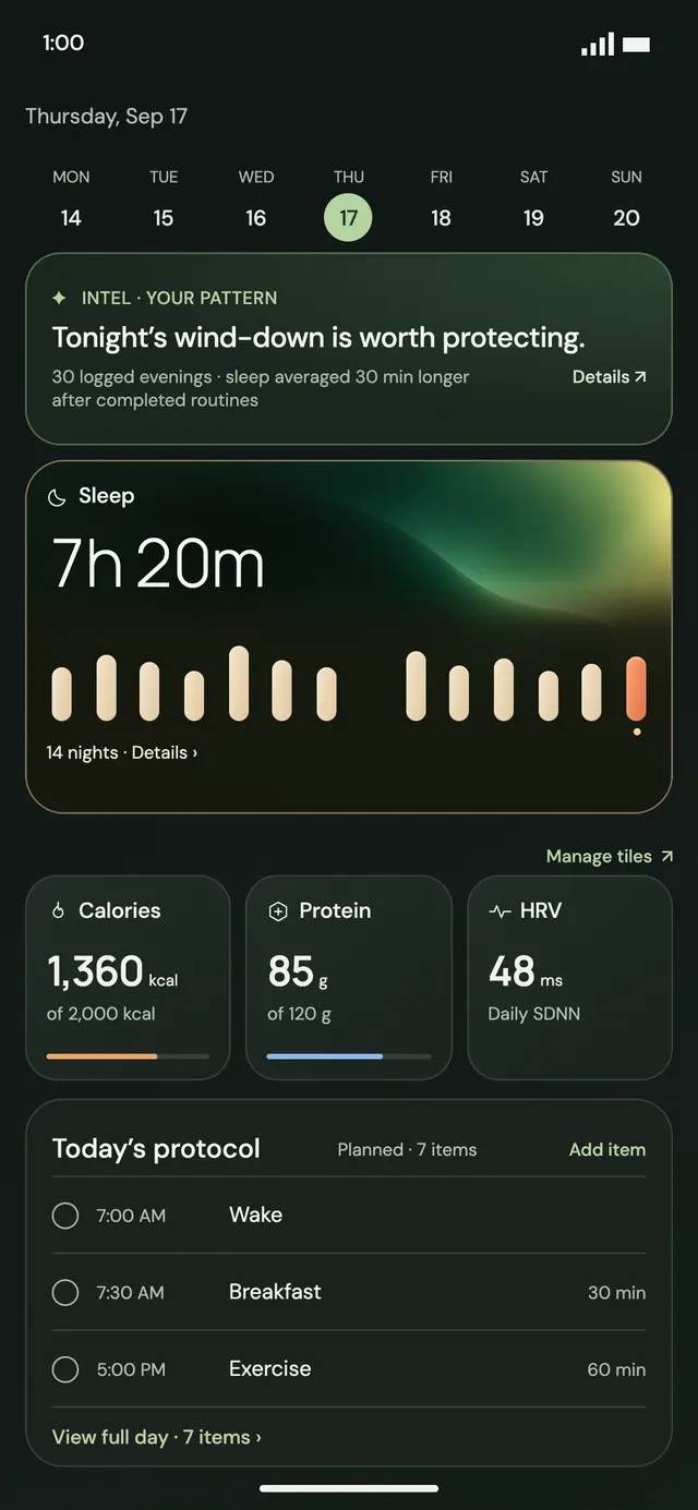 harucove overview: sleep, daily metrics and today’s protocol